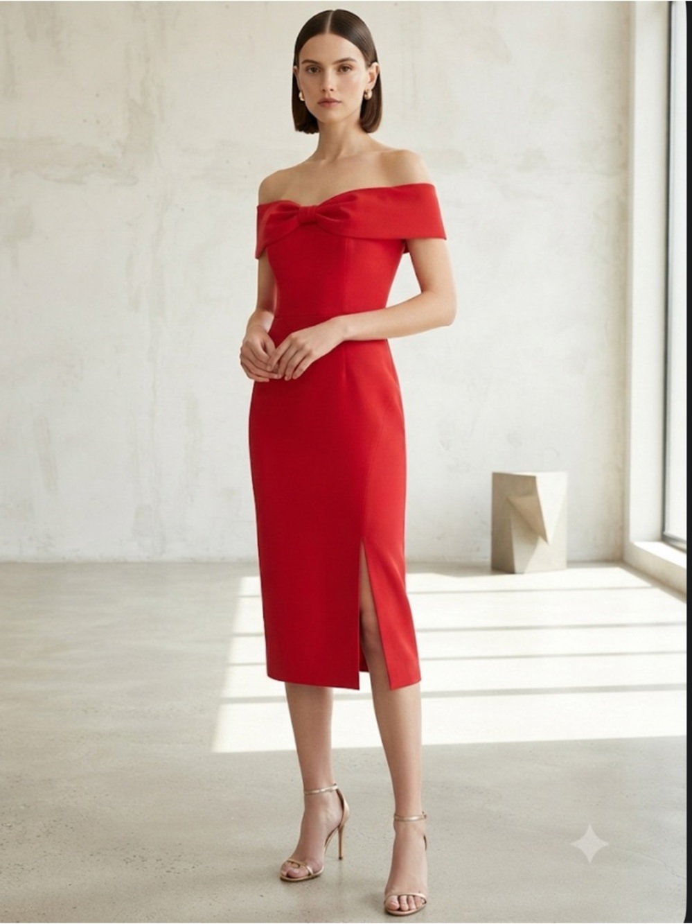 NWT Eliza J Red Off-the-Shoulder Bow Midi Dress Cocktail Party Size 6